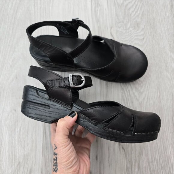 Dansko | 'Marcelle' black leather Mary Jane platform boho clogs shoes | WMS 9 - Picture 3 of 11